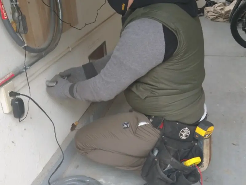 Electrician performing outlet wiring in a Bean Station garage